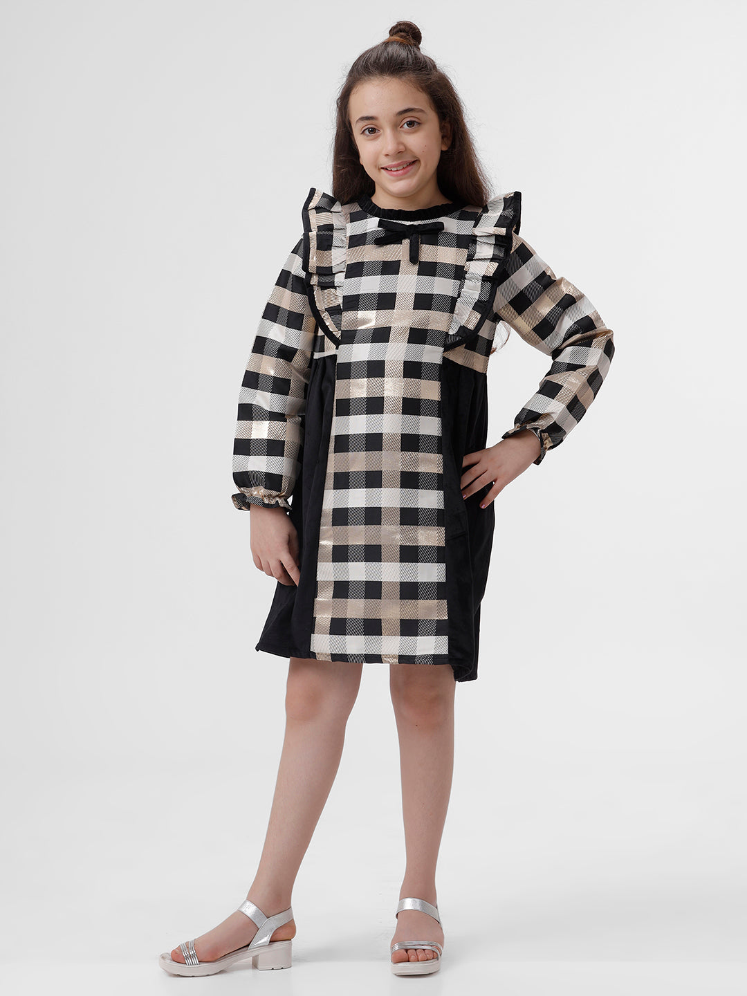 Girls Golden lurex check dress