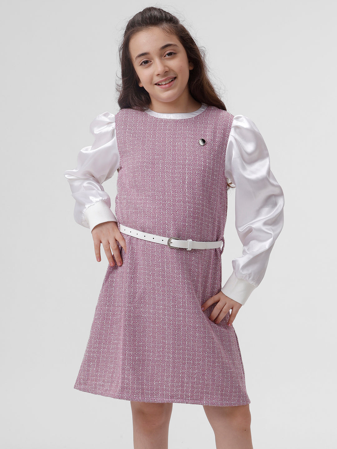 Girls Tweed dress with Ribbed sleeve