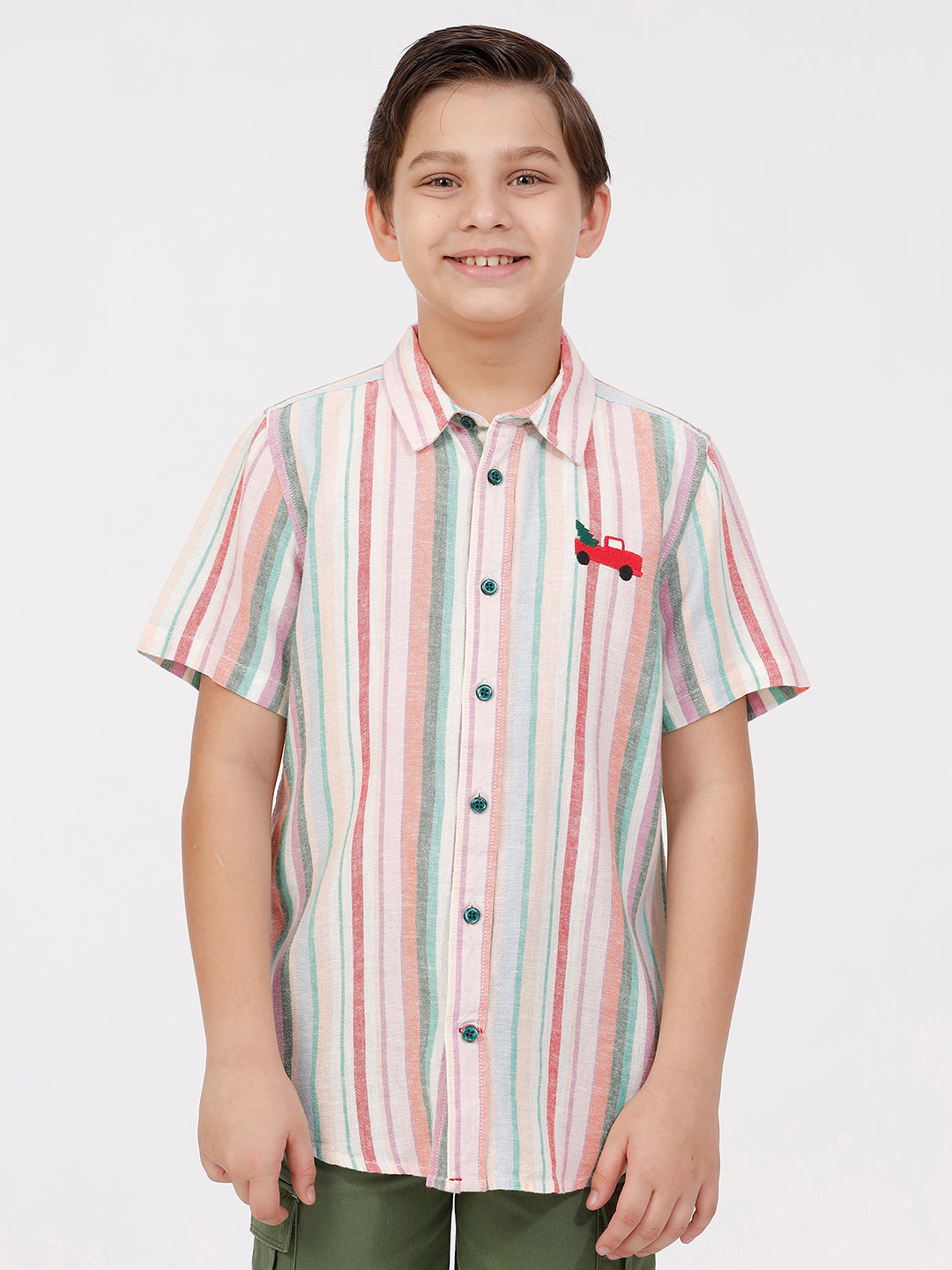 Boys Short Sleeve Shirt with Truck Embroidery