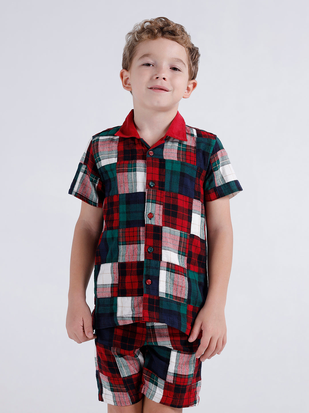 Boys short sleeve open collar patchwork shirt