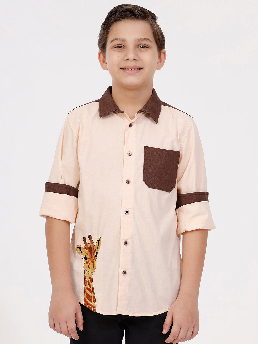 Boys Long Sleeve Shirt with Giraffe Embroidery