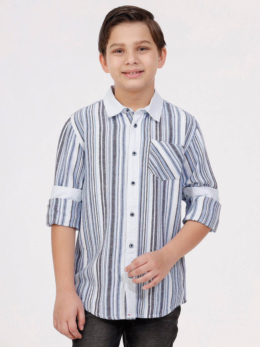 Boys Long Sleeve Shirt with Contrast Stripes Collar and Cuff