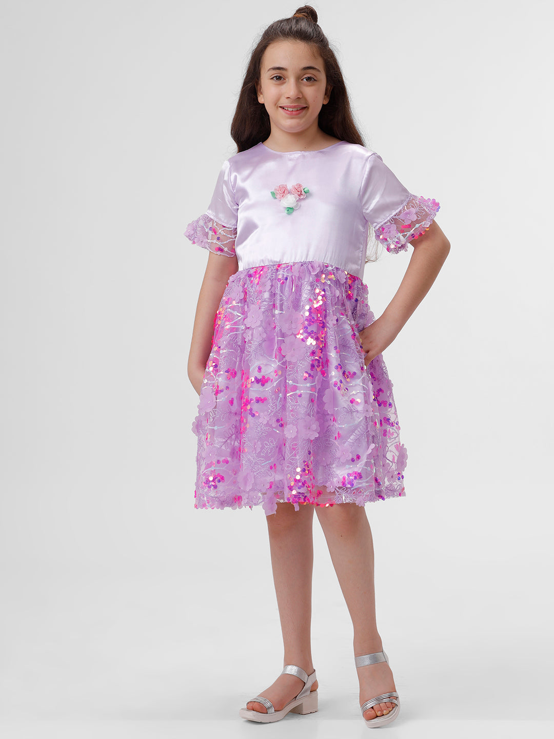 Girls Satin Dress with 3D embroidered skirt