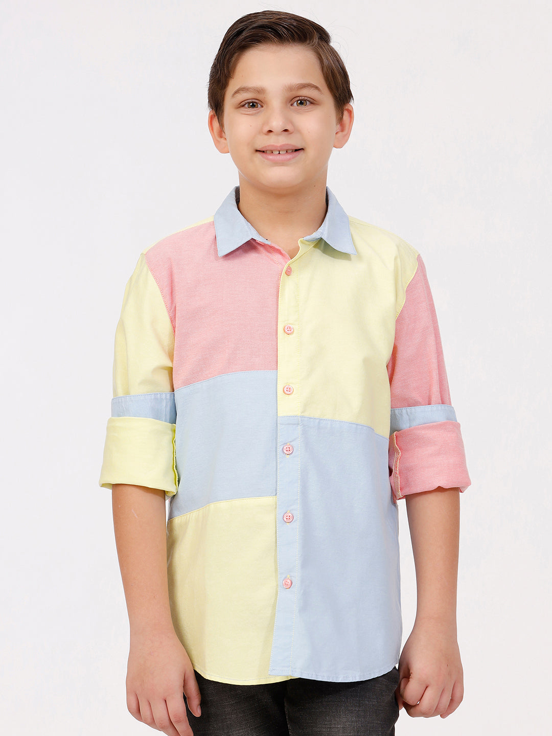 Boys Long Sleeve Solid Patchwork Shirt