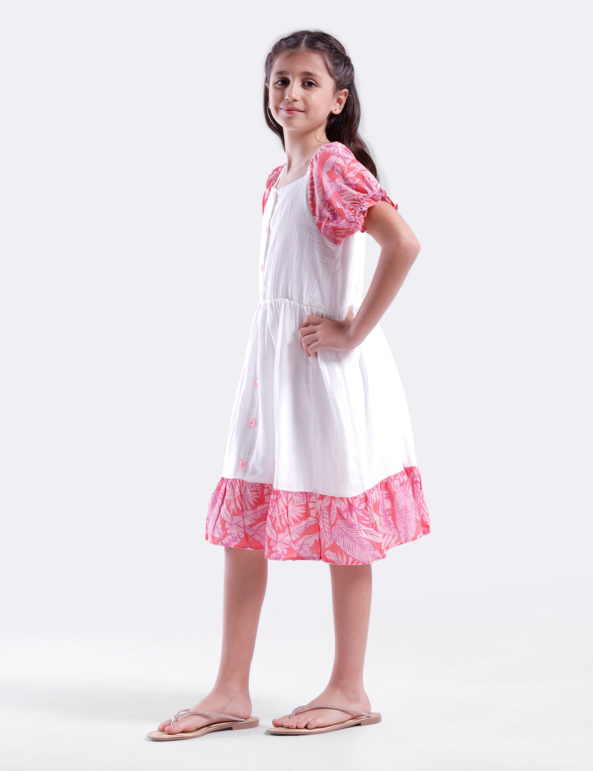 Girls solid dress with contrast printed sleeve and hem