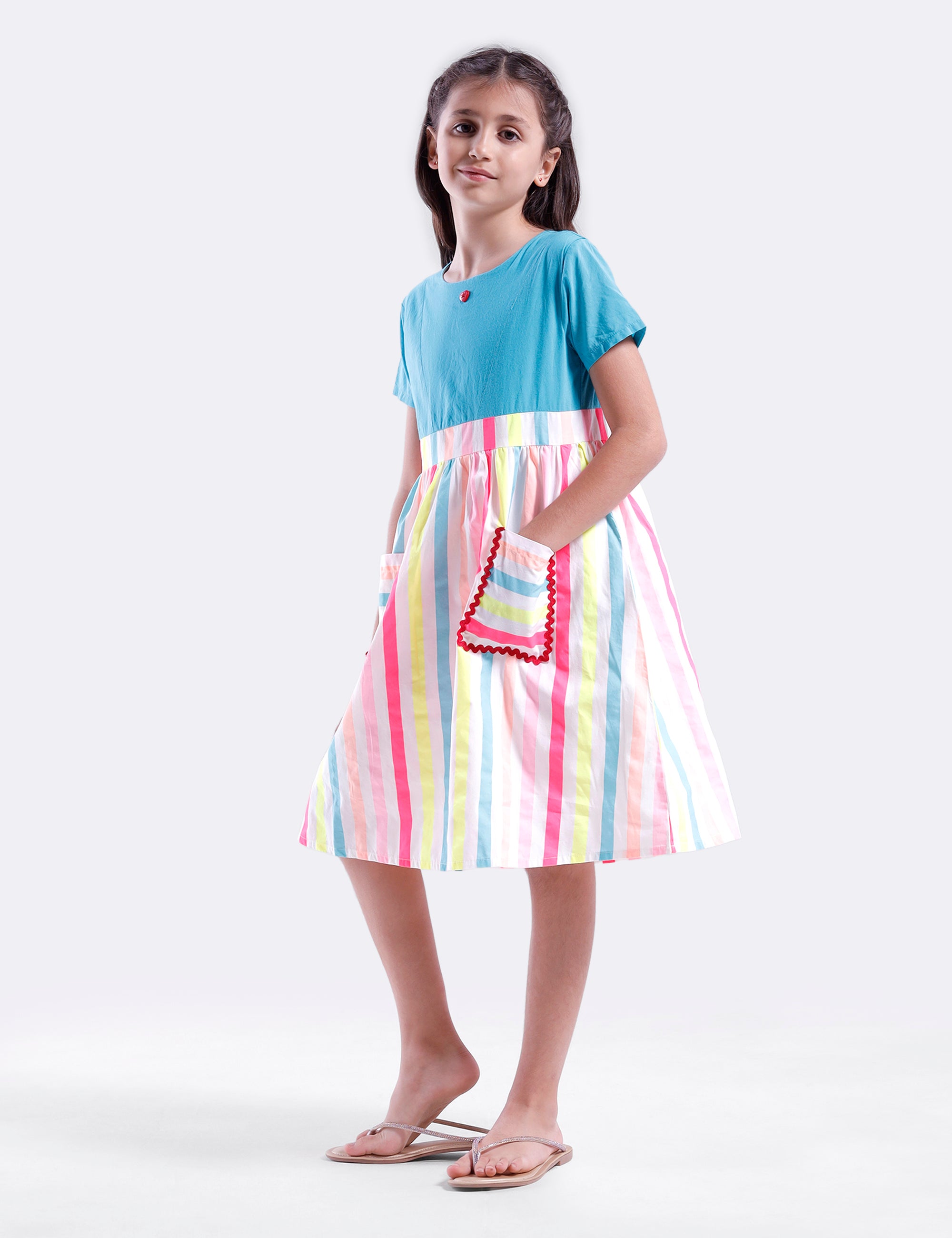 Girls dress with solid bodice & multicol stripe skirt