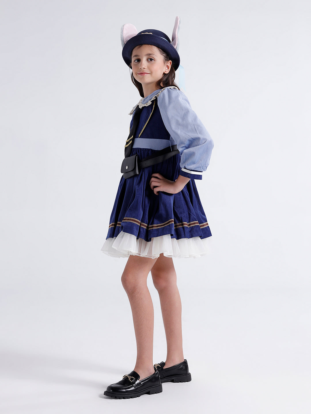 Girls Dress with Tie, Belt, pouch & Cap