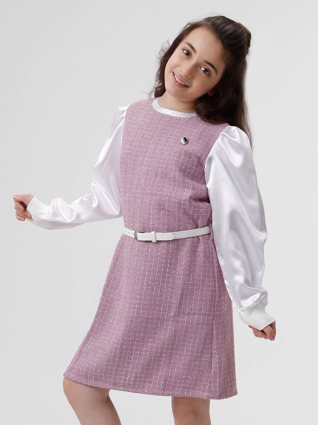 Girls Tweed dress with Ribbed sleeve