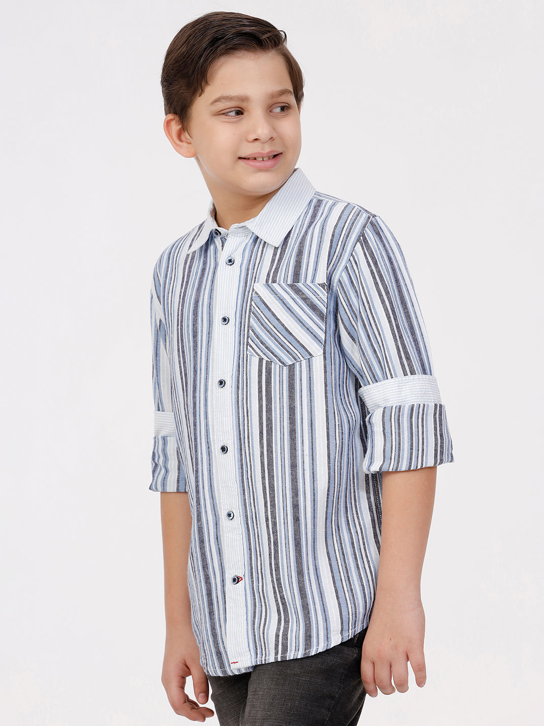Boys Long Sleeve Shirt with Contrast Stripes Collar and Cuff