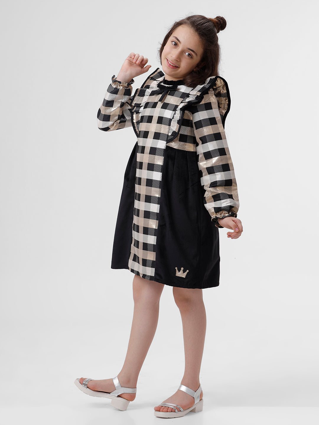 Girls Golden lurex check dress