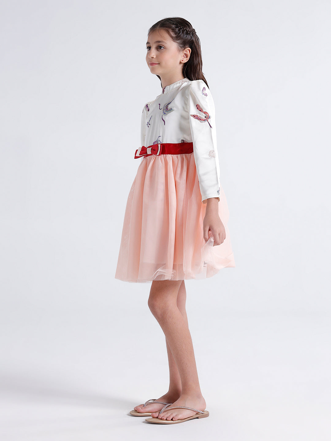 Girls Dress with Embroidered top & Mesh botton