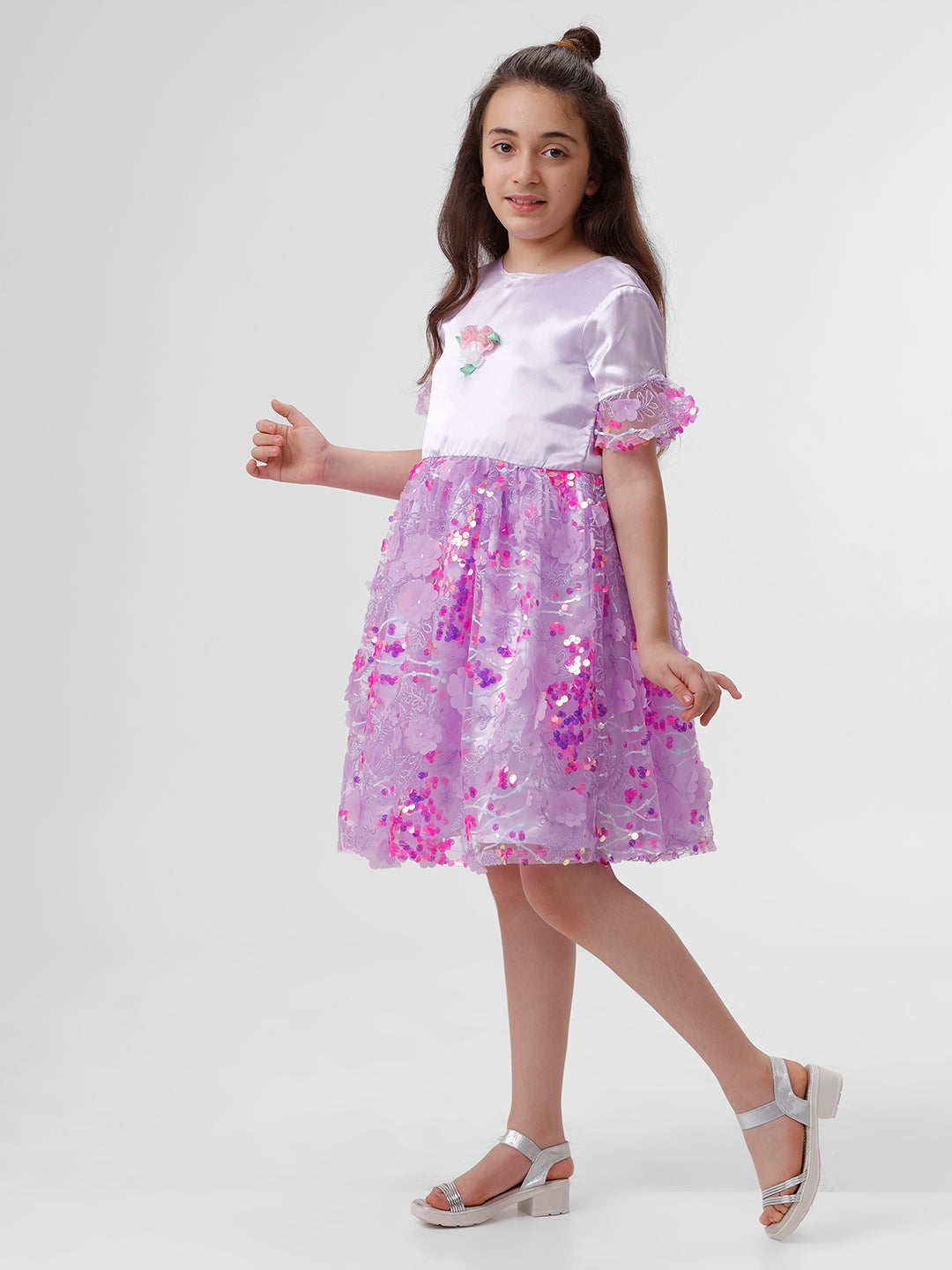 Girls Satin Dress with 3D embroidered skirt