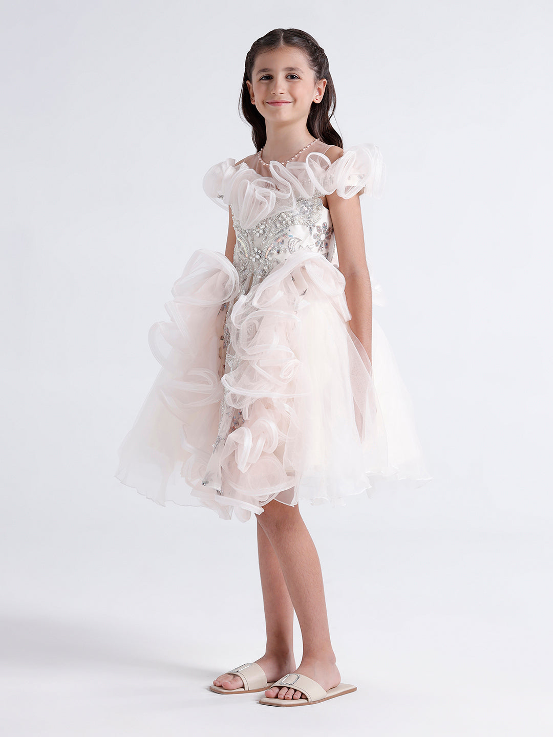 Girls long Dress with Glass beads embroidery with ruffles