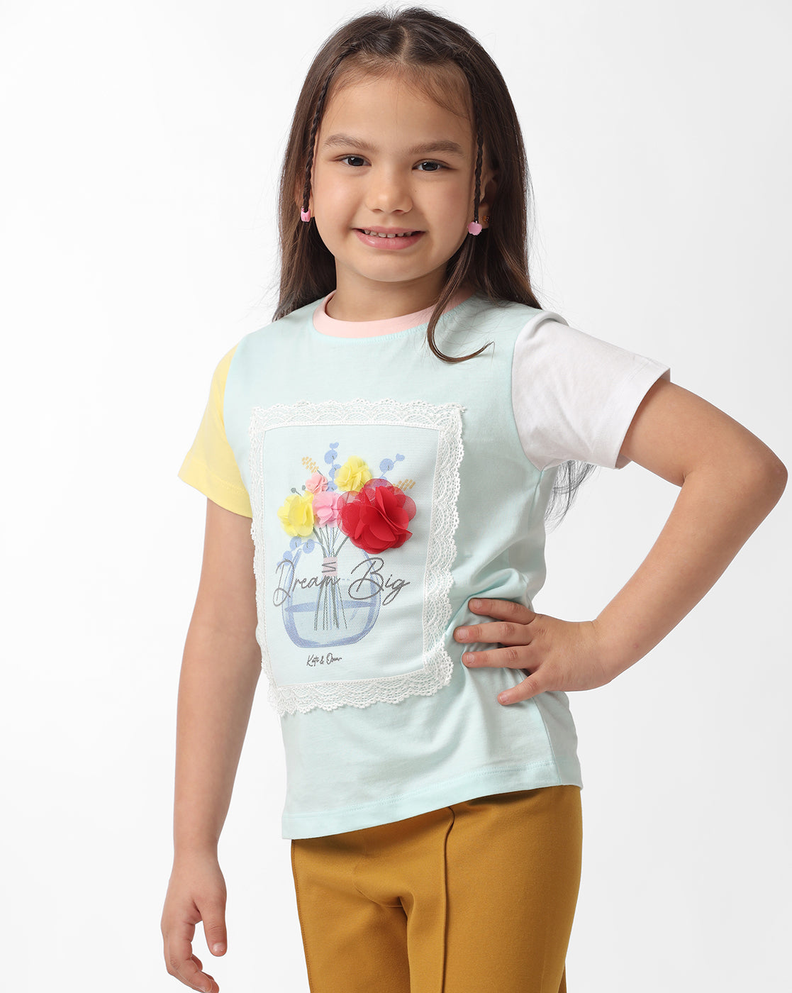 Girls Colour Block Tee With 3D Flower Graphic