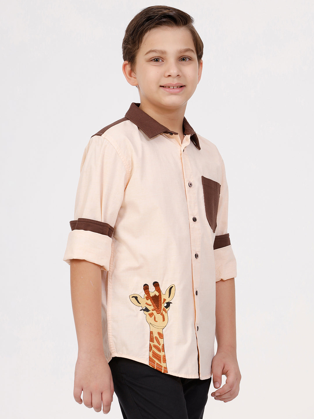 Boys Long Sleeve Shirt with Giraffe Embroidery
