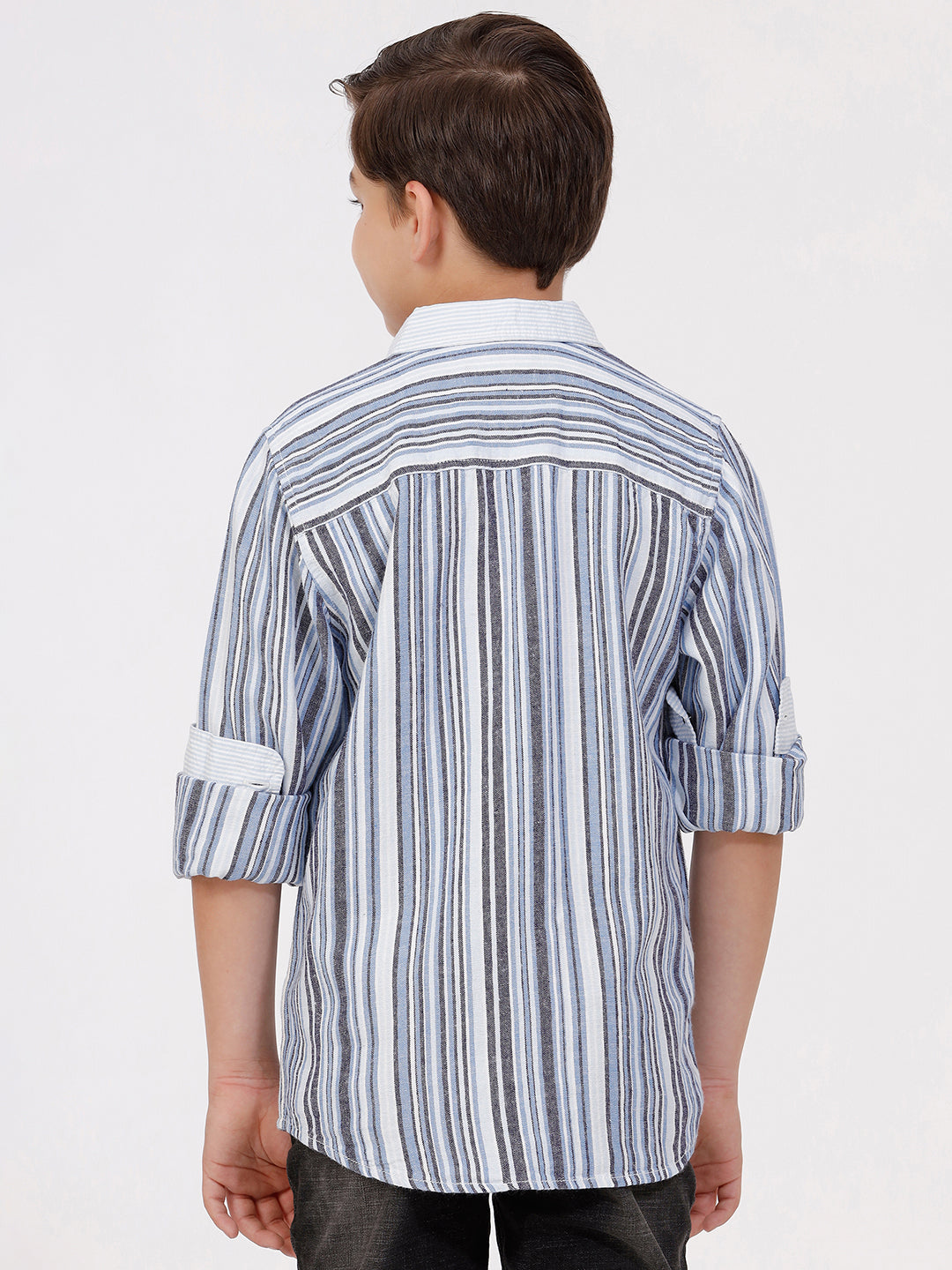 Boys Long Sleeve Shirt with Contrast Stripes Collar and Cuff
