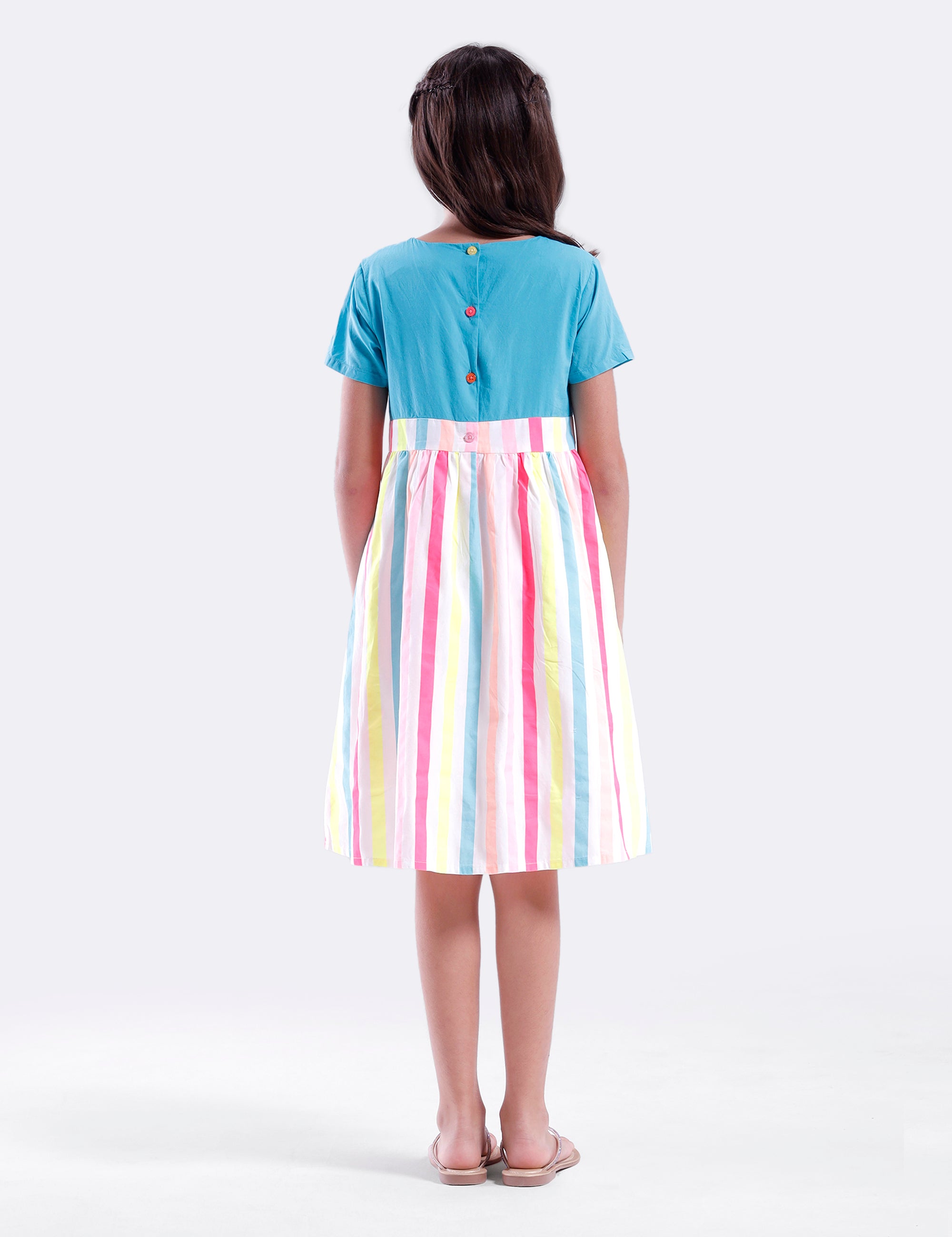 Girls dress with solid bodice & multicol stripe skirt