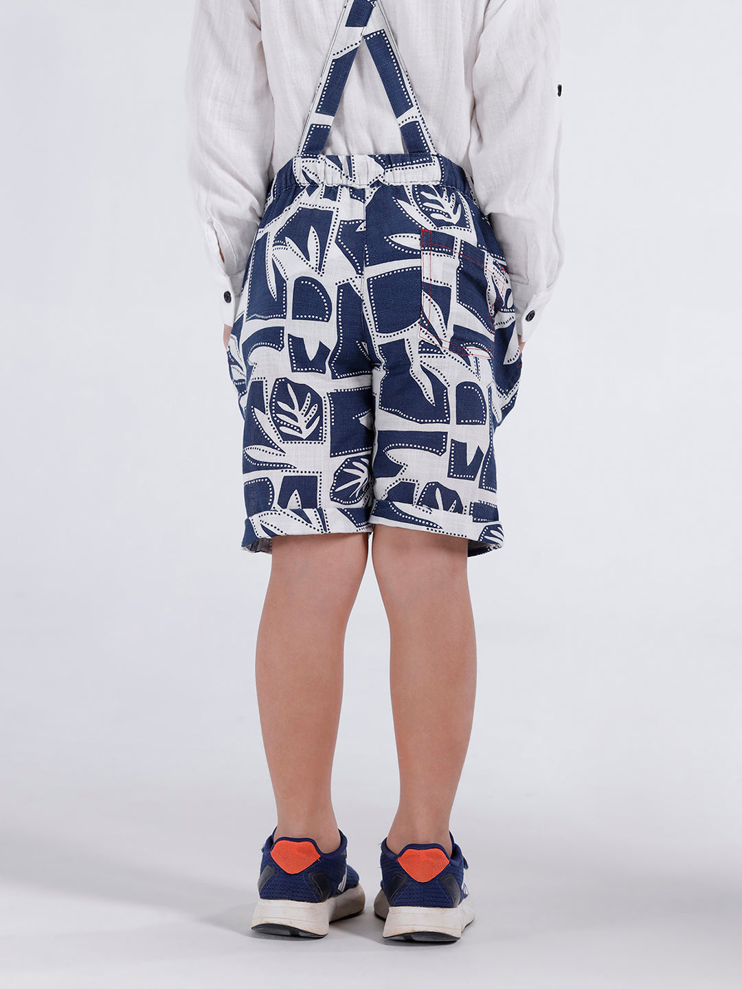 Boys printed shorts with self fabric suspenders