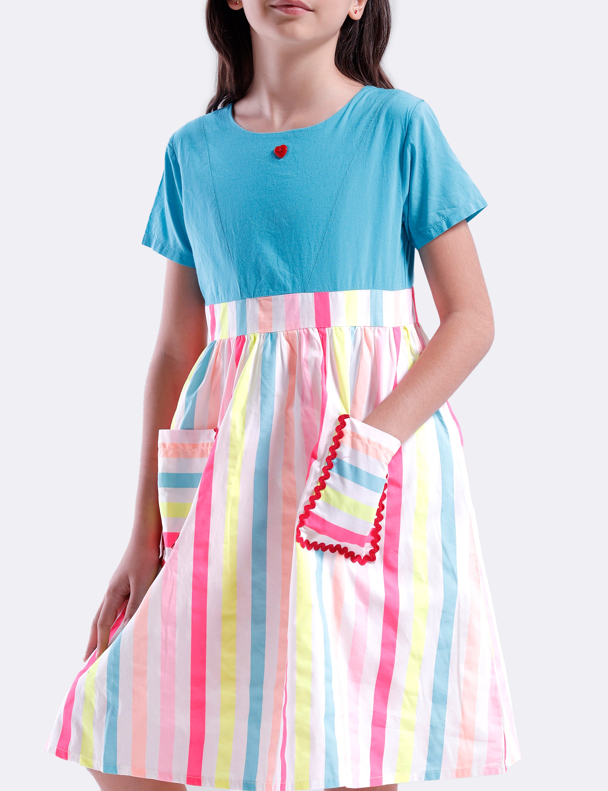 Girls dress with solid bodice & multicol stripe skirt