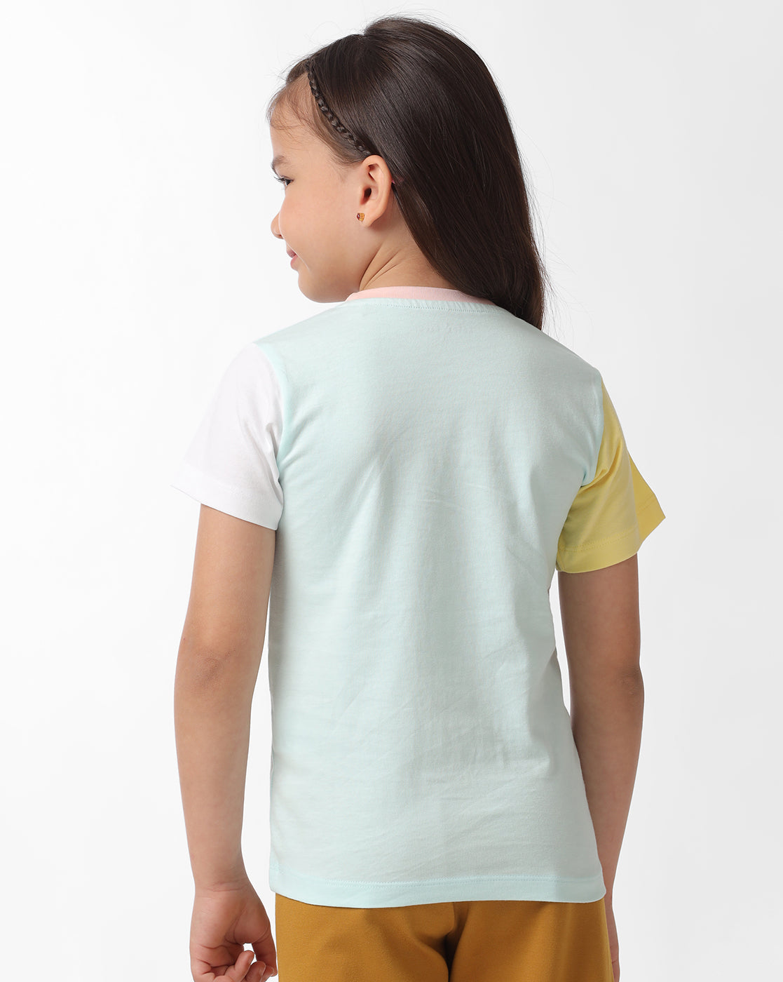 Girls Colour Block Tee With 3D Flower Graphic