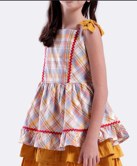 Girls checked dress with plain hem panel