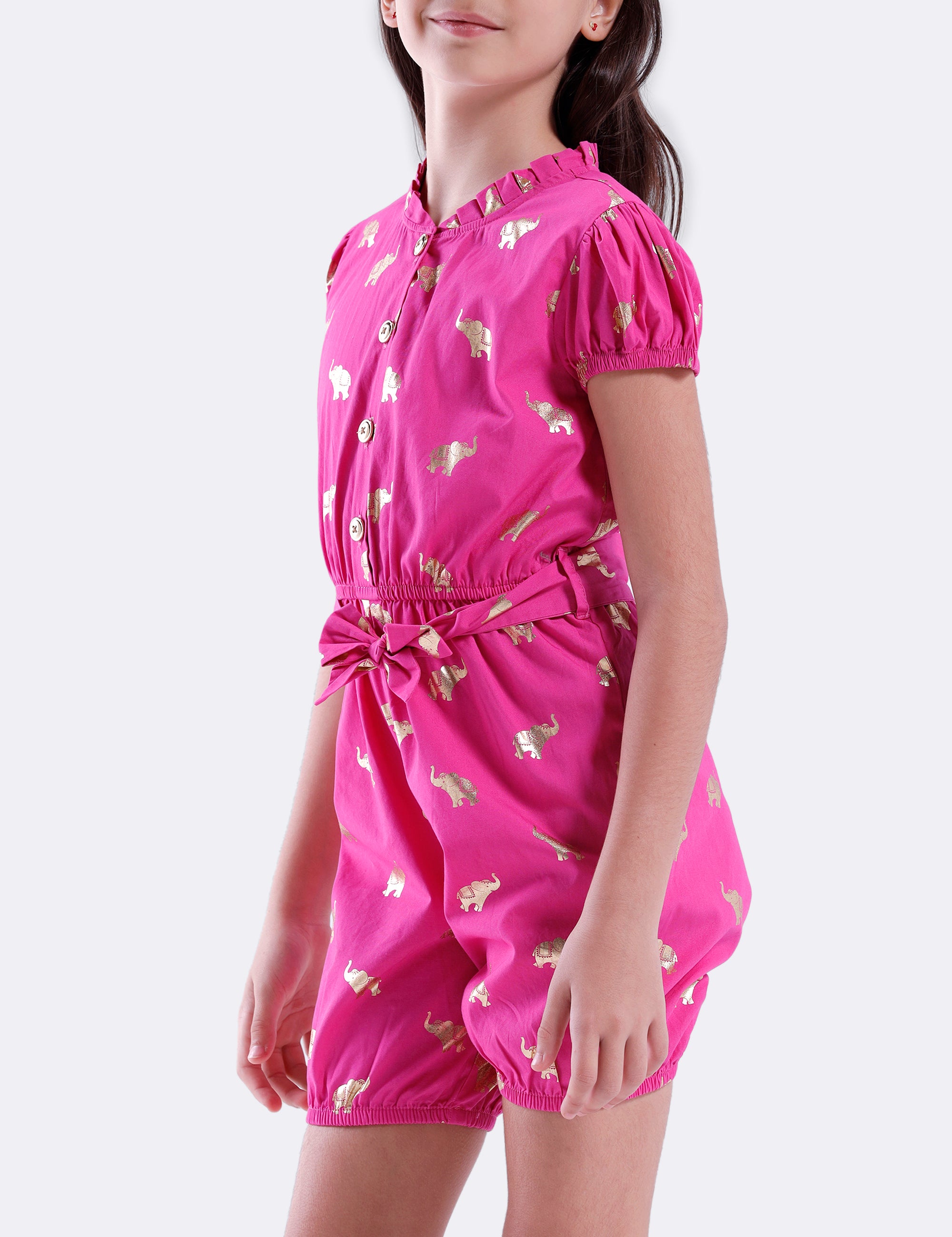 Girls all over foil printed Jumpsuit with self belt