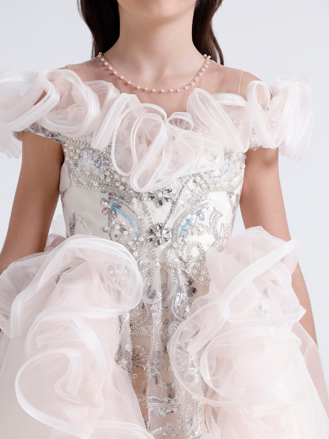 Girls long Dress with Glass beads embroidery with ruffles