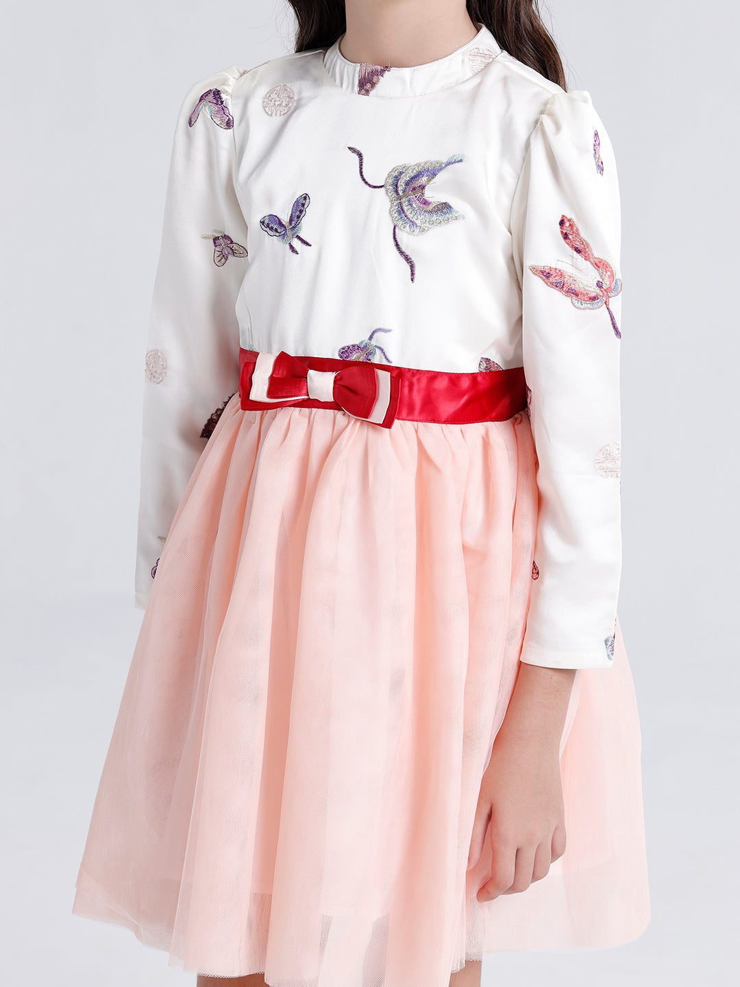 Girls Dress with Embroidered top & Mesh botton