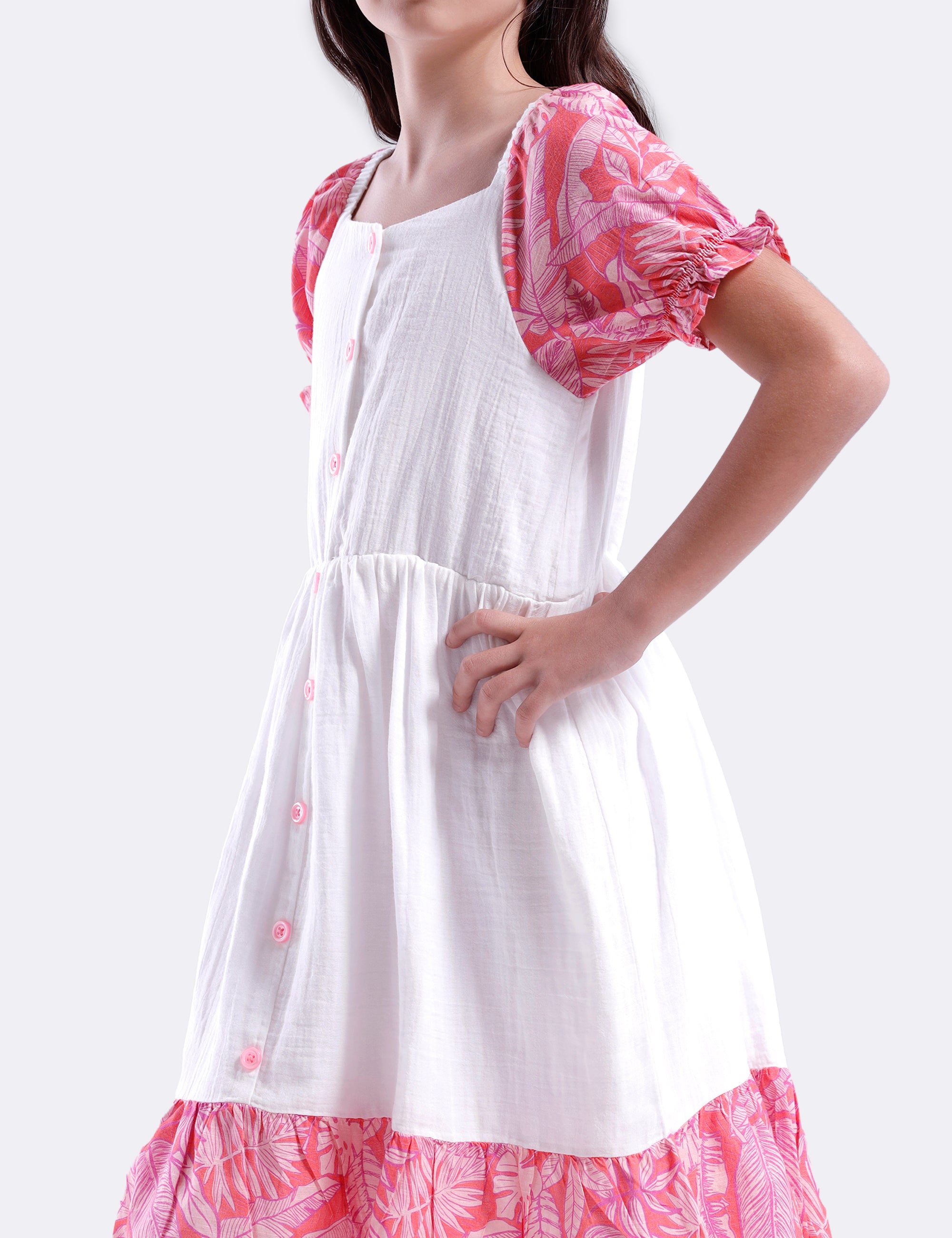Girls solid dress with contrast printed sleeve and hem