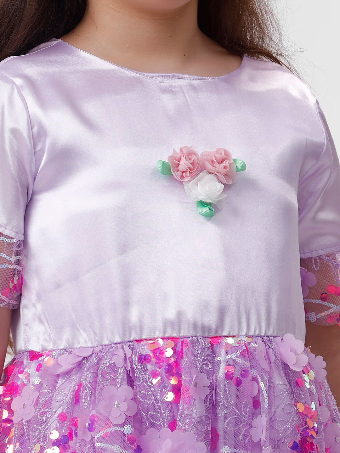 Girls Satin Dress with 3D embroidered skirt