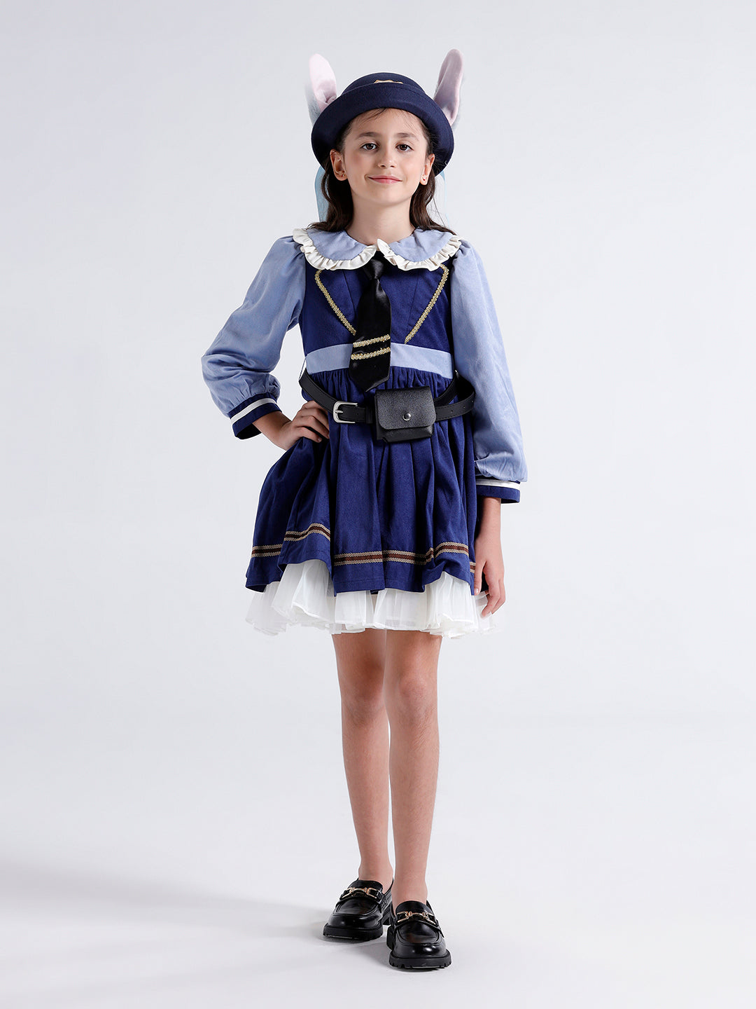 Girls Dress with Tie, Belt, pouch & Cap