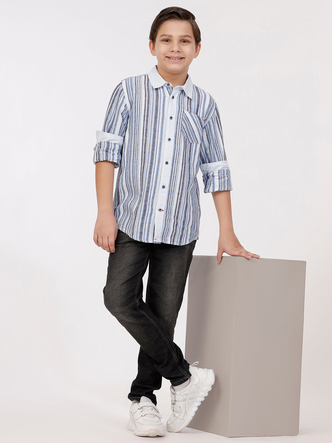 Boys Long Sleeve Shirt with Contrast Stripes Collar and Cuff