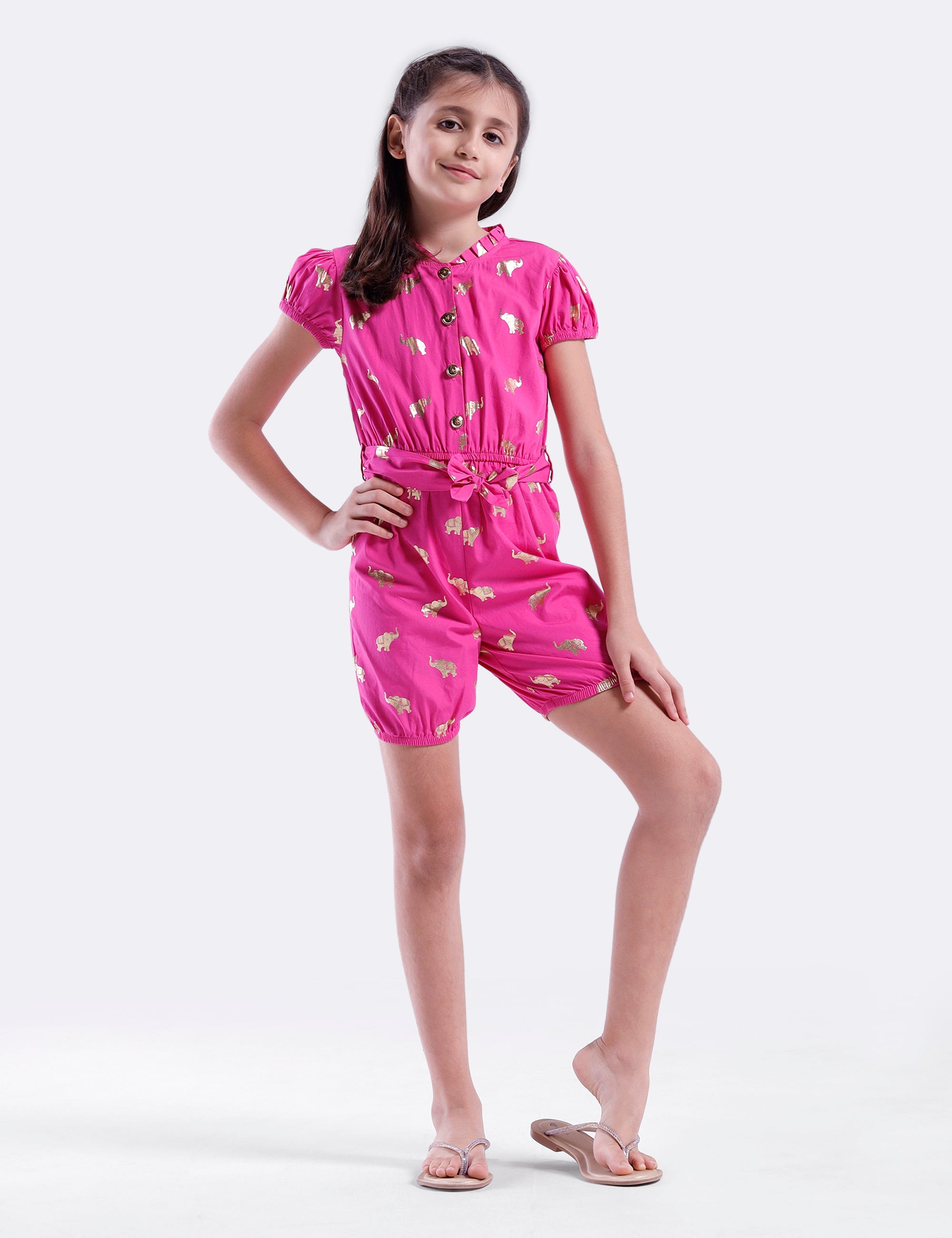 Girls all over foil printed Jumpsuit with self belt