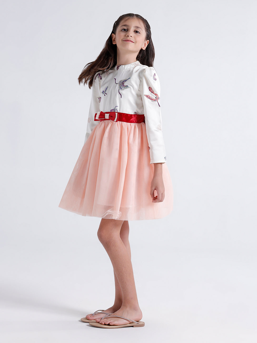 Girls Dress with Embroidered top & Mesh botton