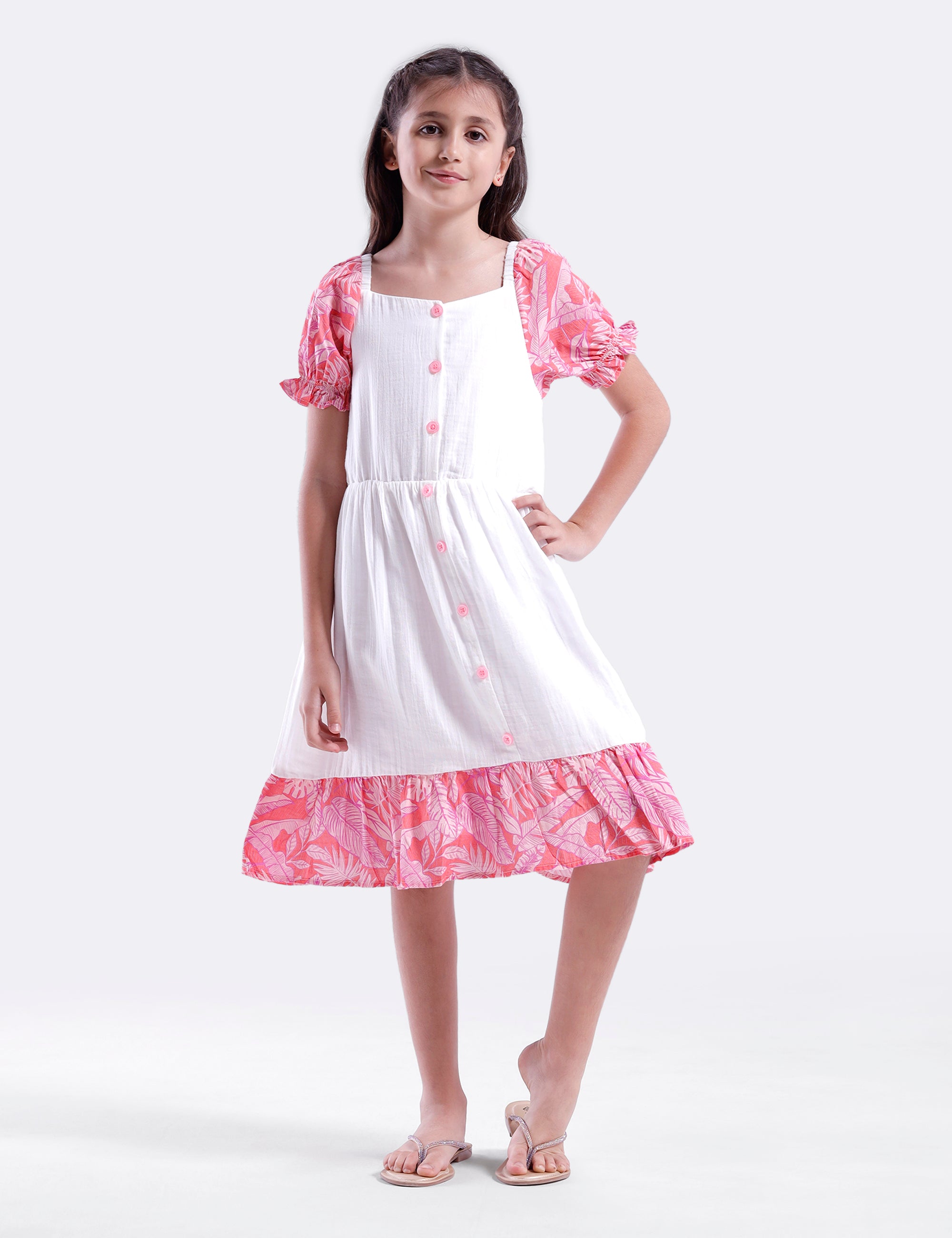 Girls solid dress with contrast printed sleeve and hem