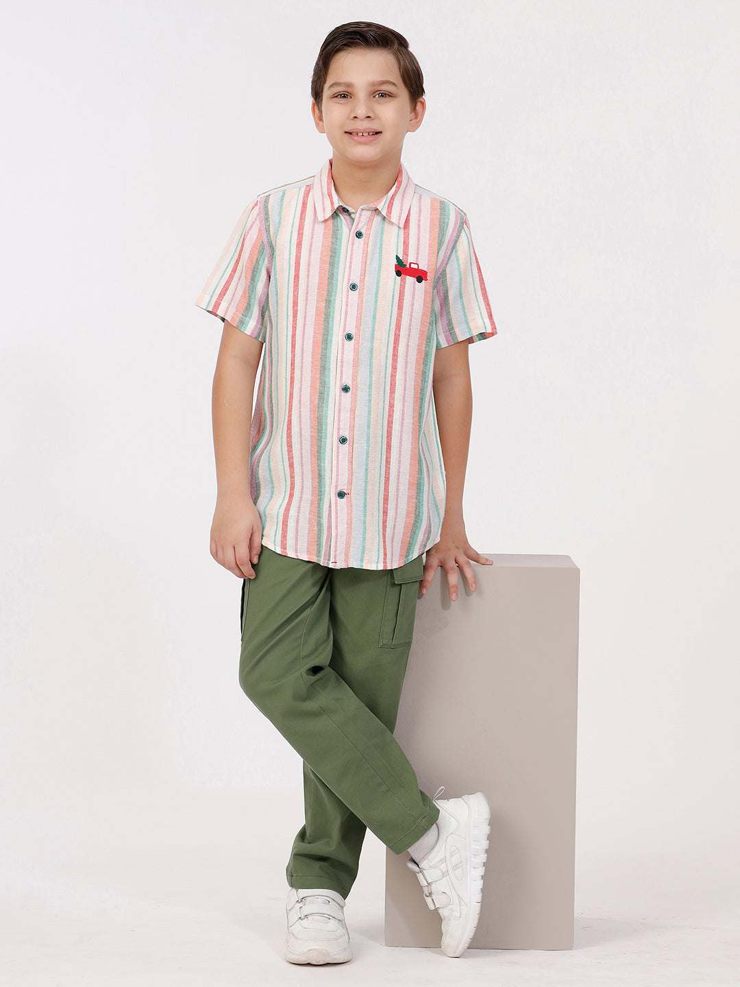 Boys Short Sleeve Shirt with Truck Embroidery