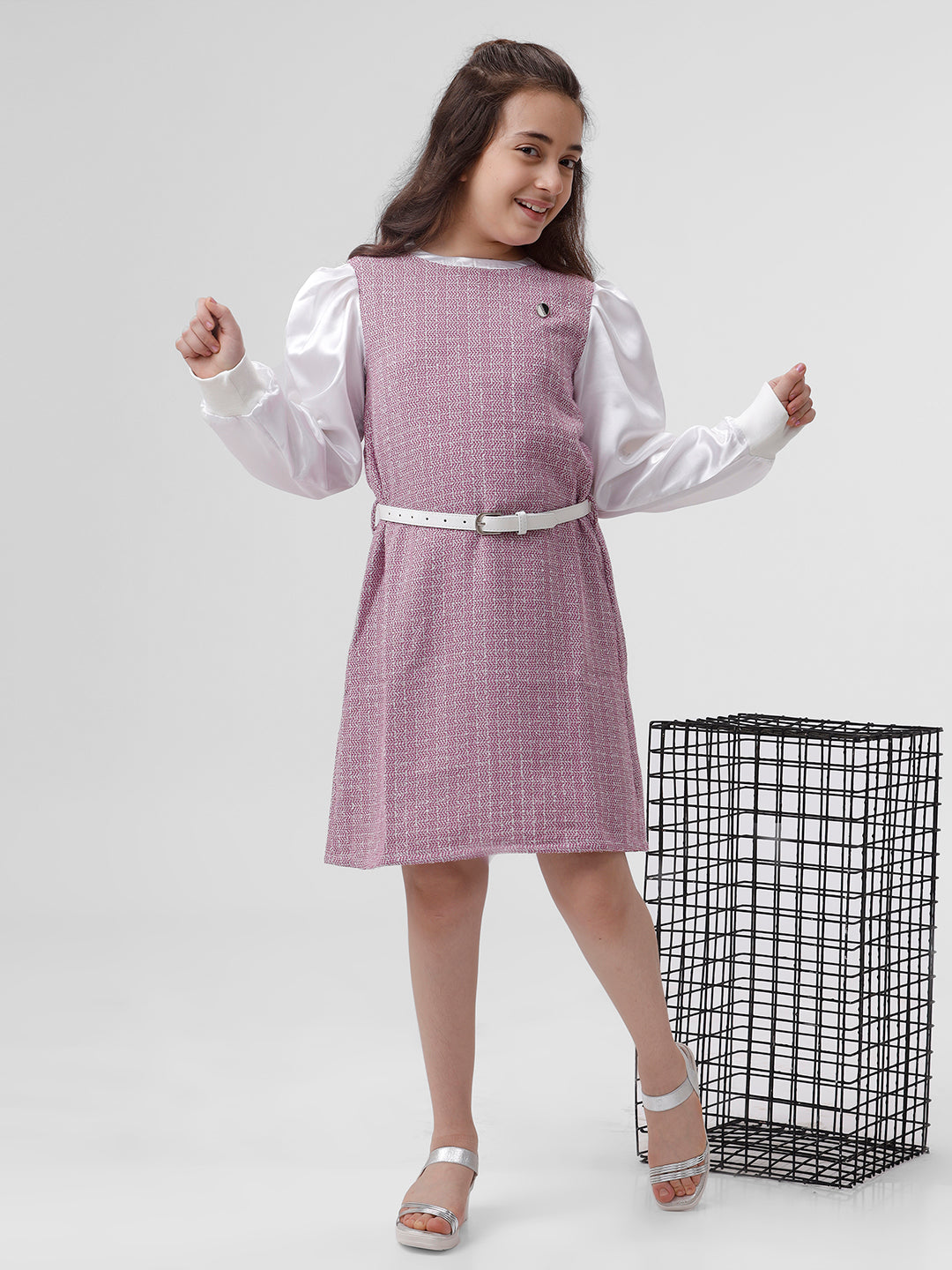 Girls Tweed dress with Ribbed sleeve