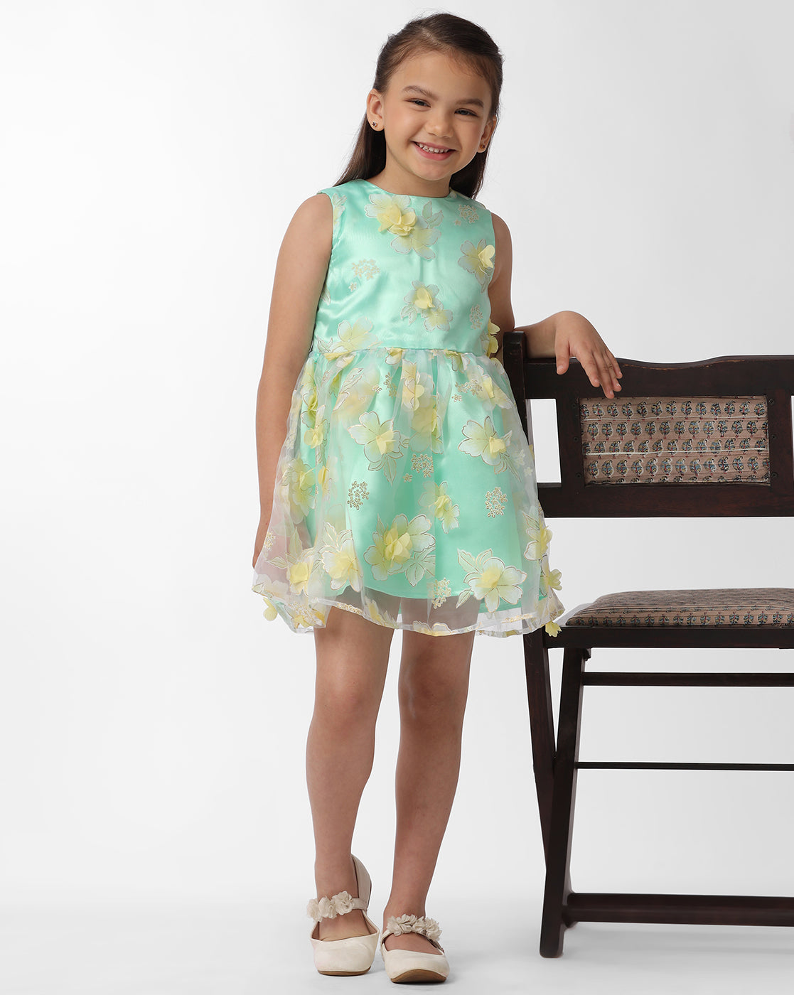 Girls Mesh Dress With 3D flowers