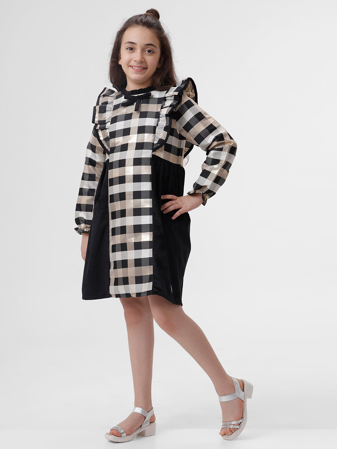 Girls Golden lurex check dress