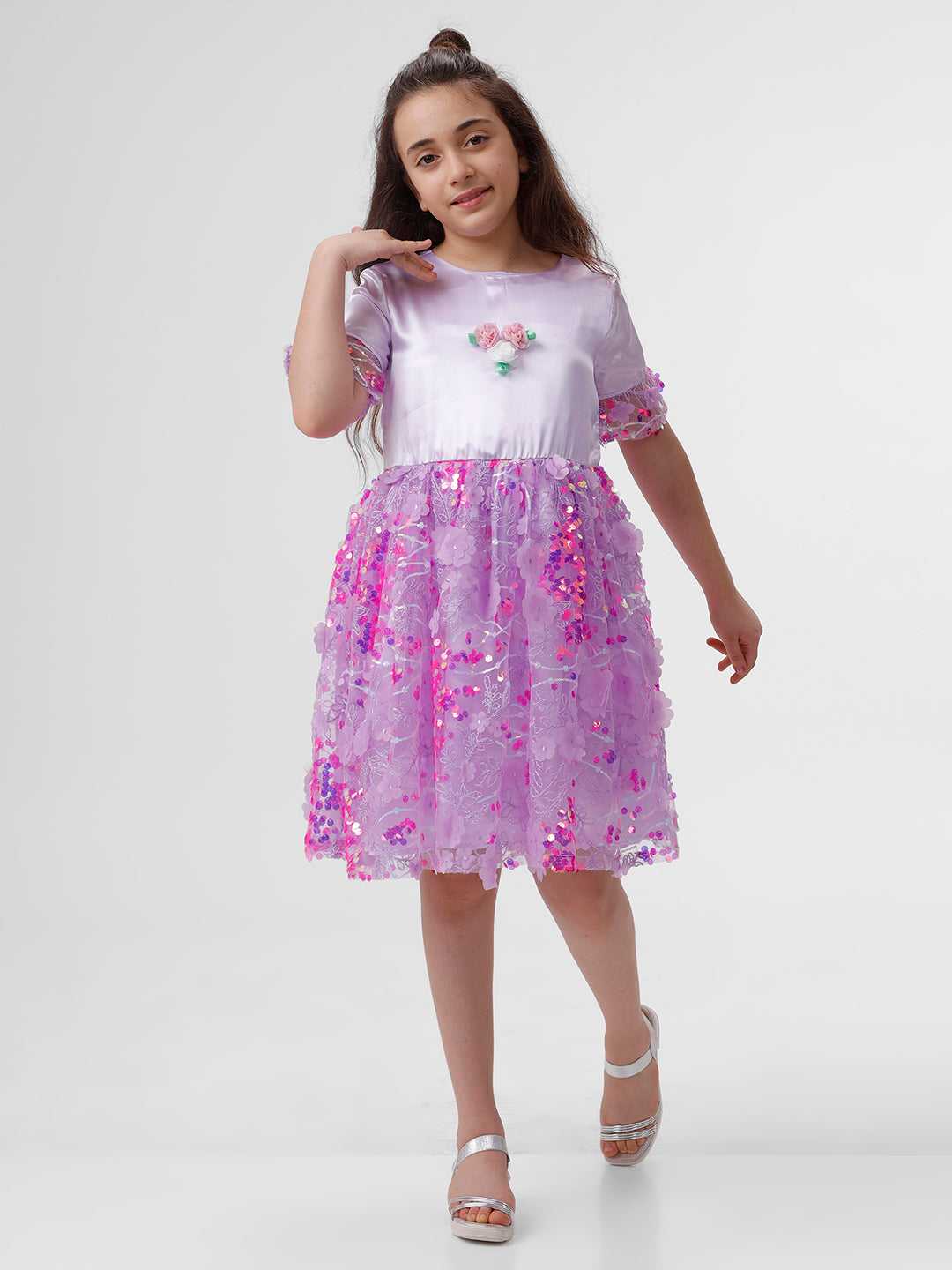 Girls Satin Dress with 3D embroidered skirt