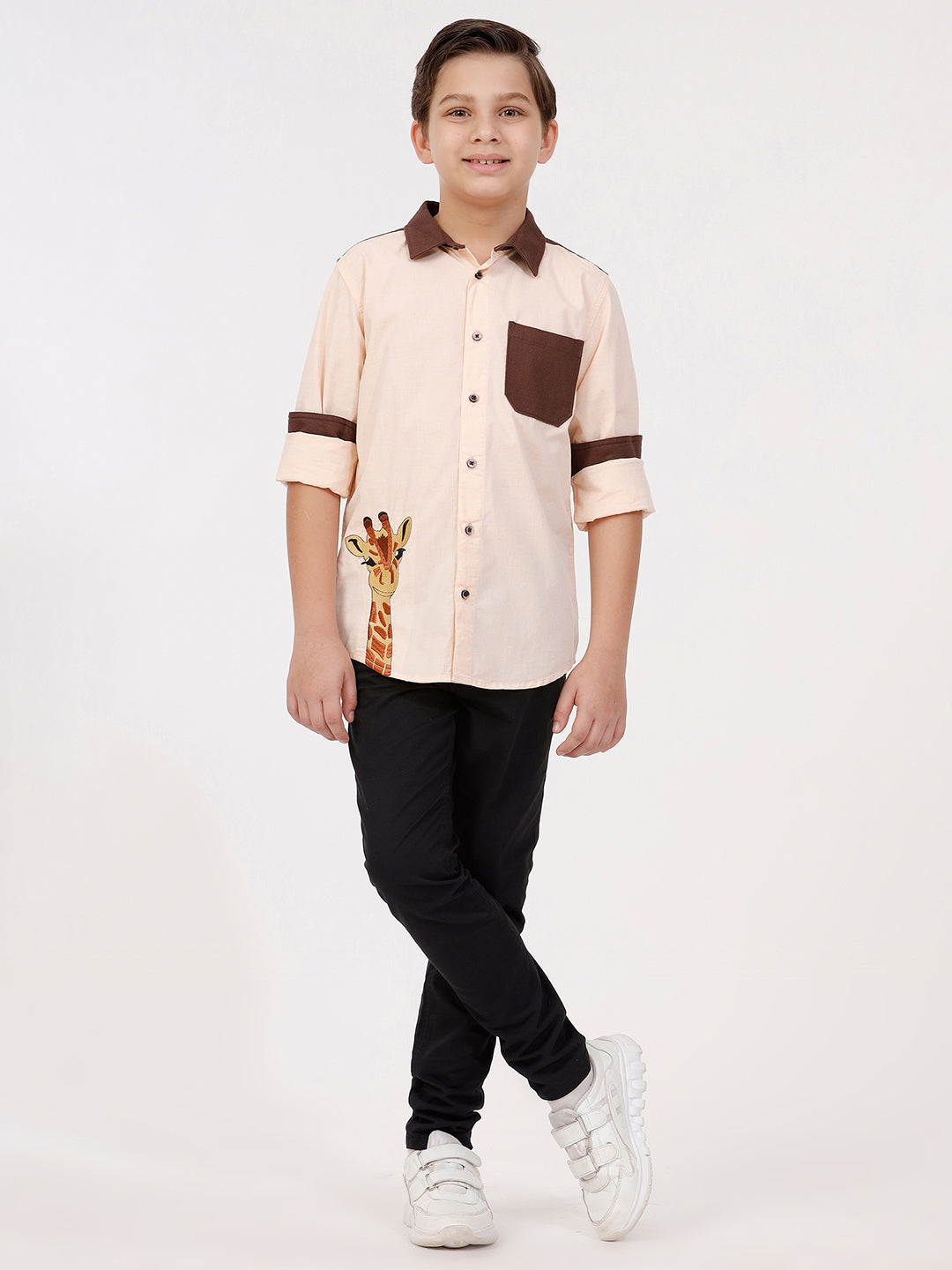Boys Long Sleeve Shirt with Giraffe Embroidery