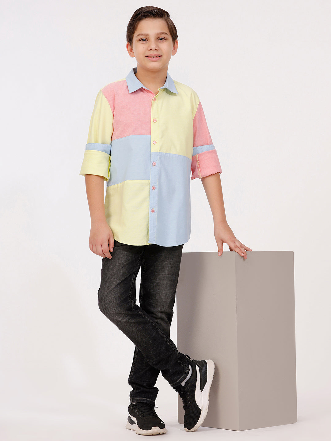 Boys Long Sleeve Solid Patchwork Shirt