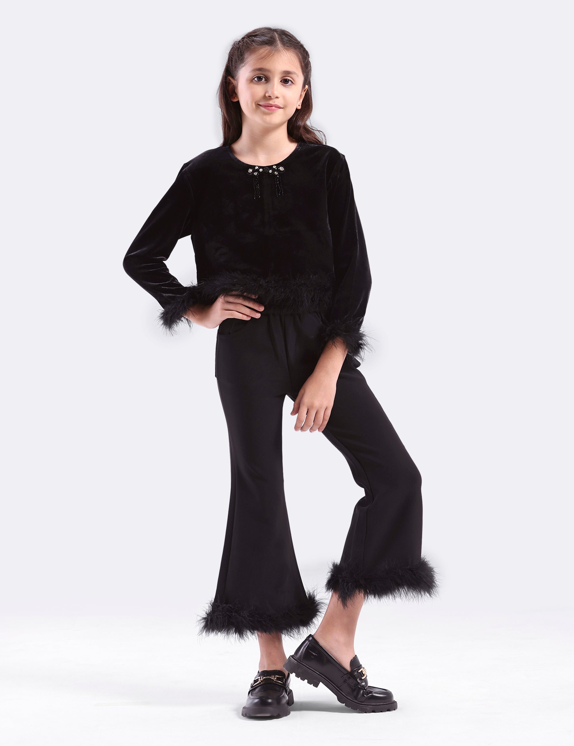 Girls Velvett Top & Pant with Fur Hem
