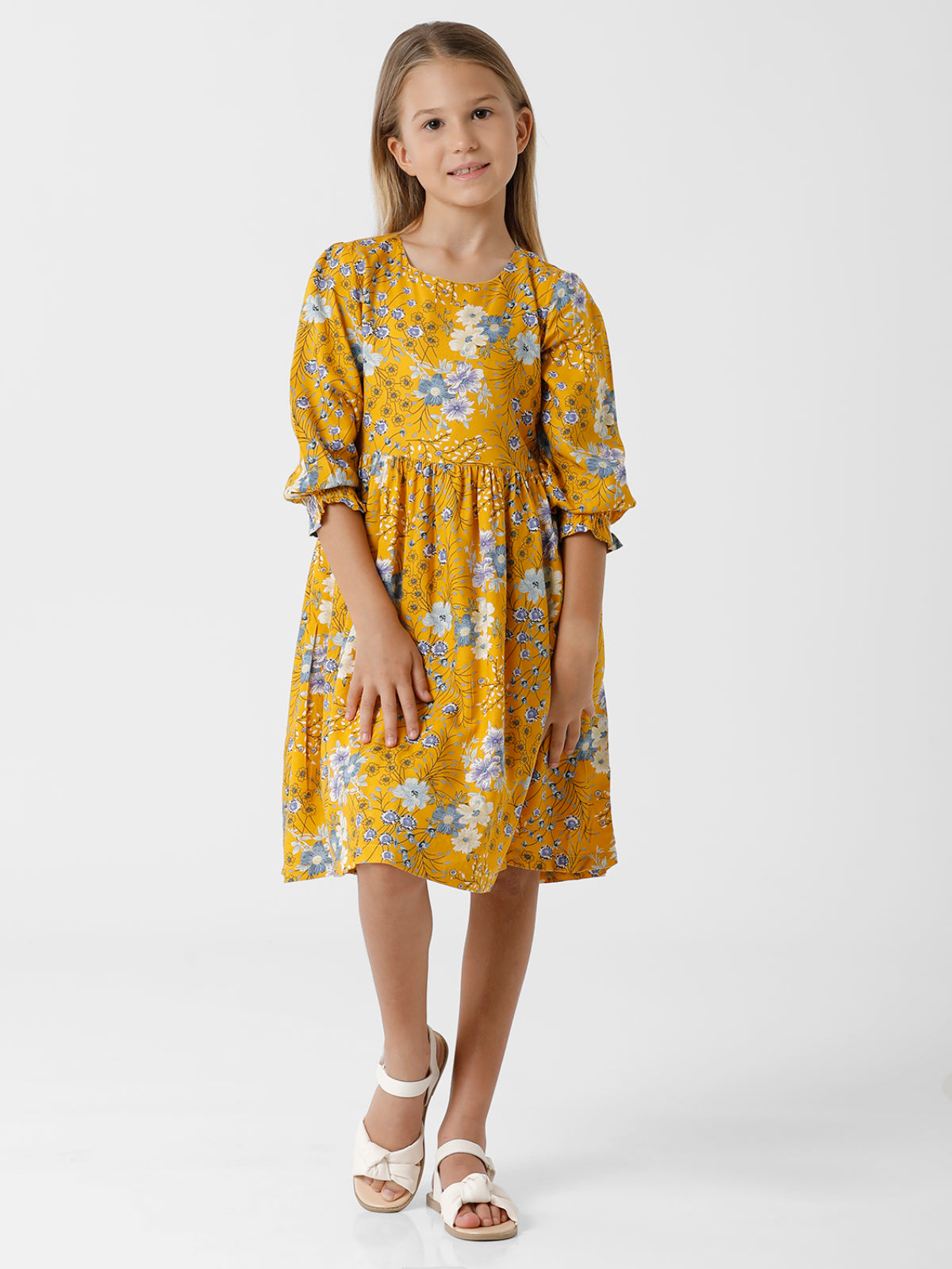 Yellow and Blue Floral Printed Dress