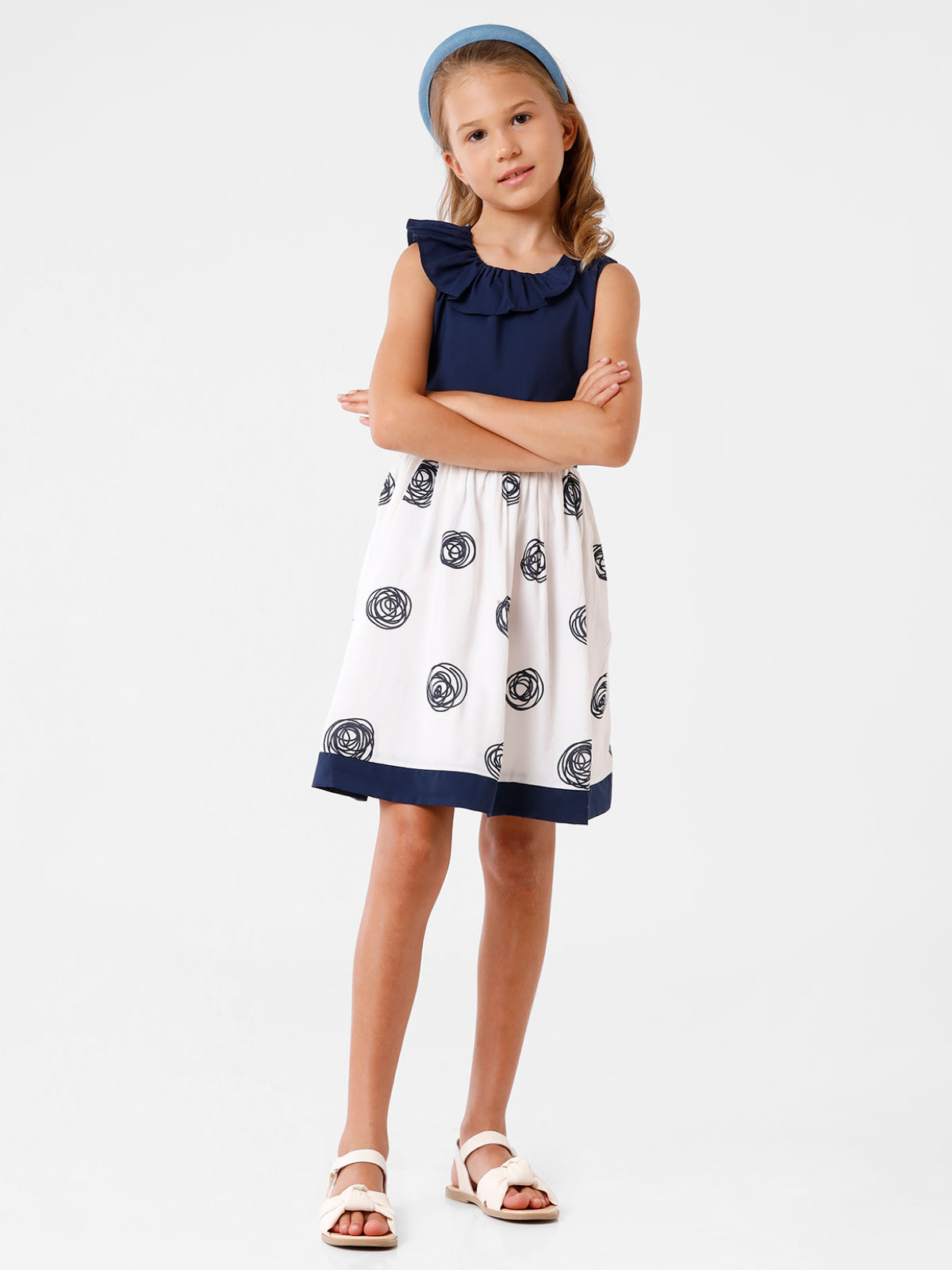 White & Navy Floral Printed Dress