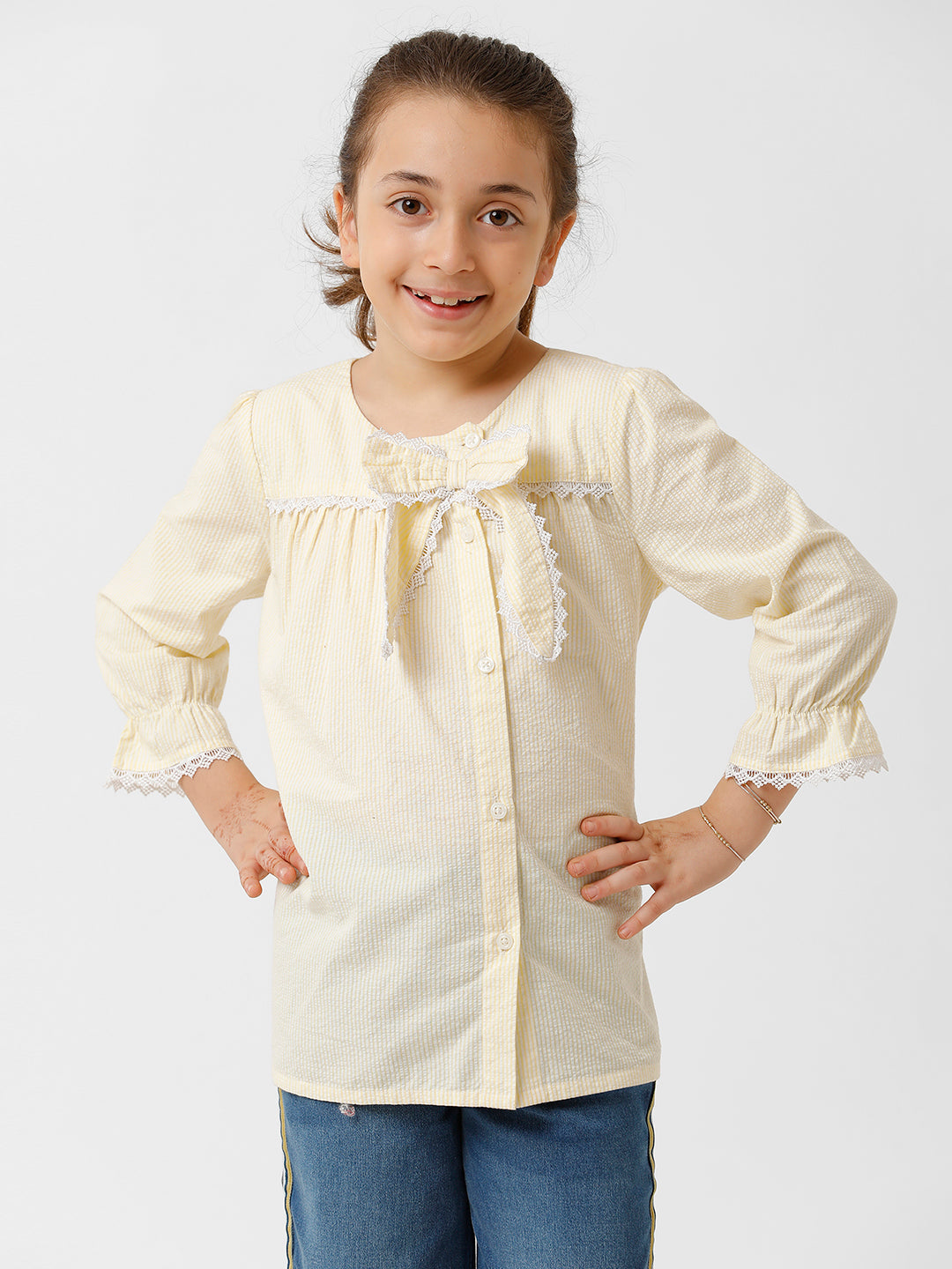 Girls Seersucker Striped Bow Top