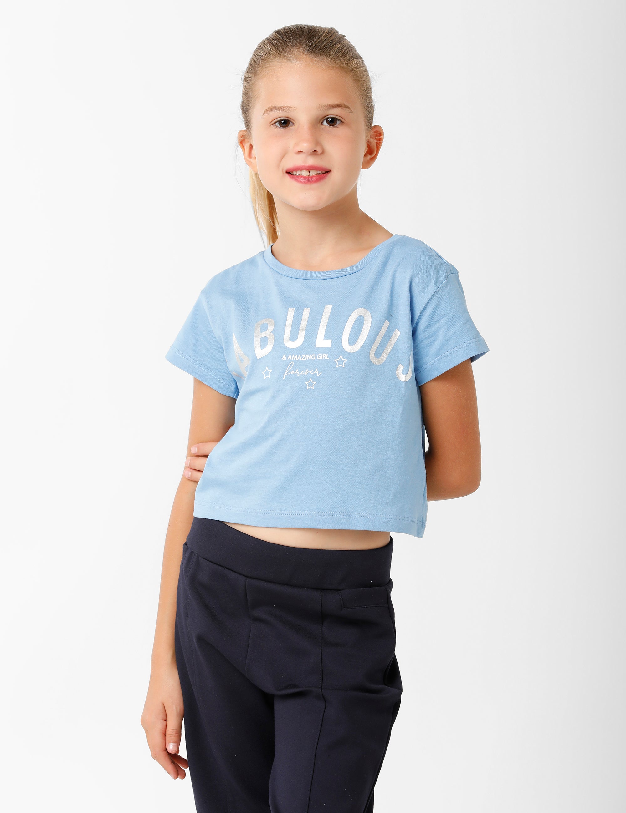 Printed Baby Blue Crop T-Shirt