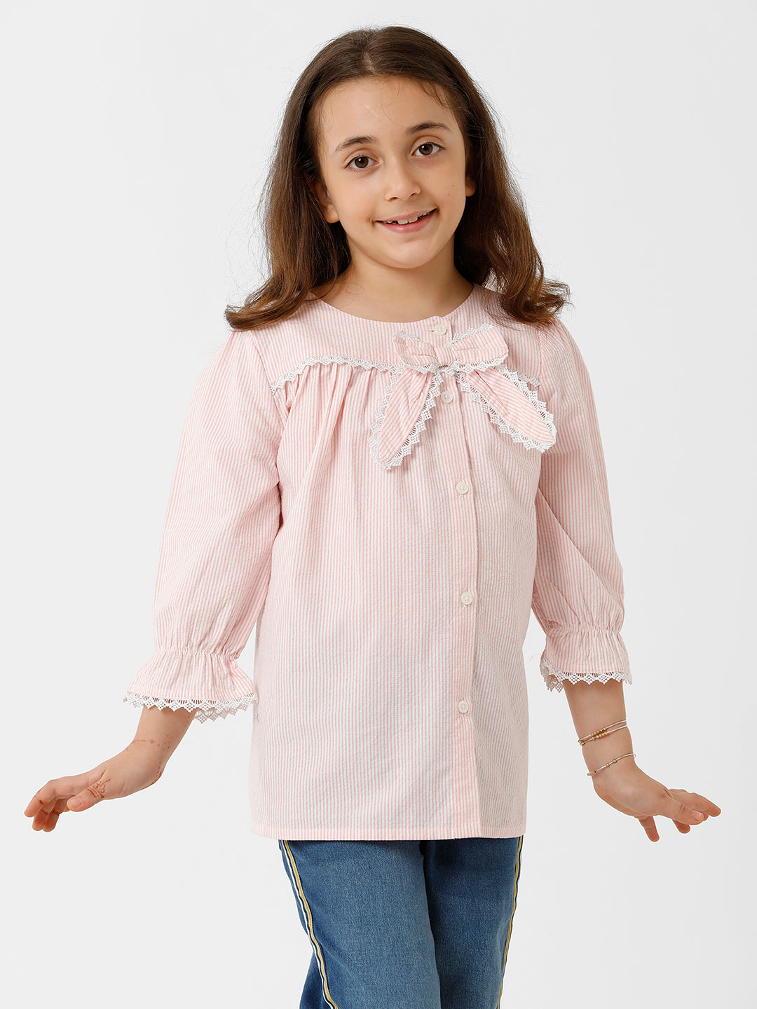 Girls Seersucker Striped Bow Top