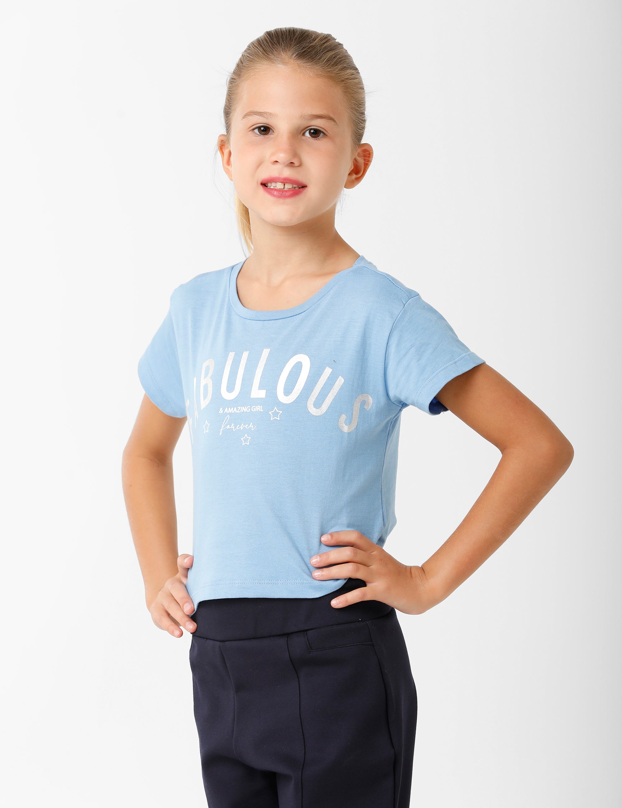 Printed Baby Blue Crop T-Shirt