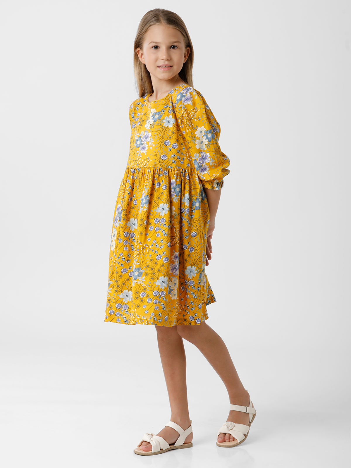 Yellow and Blue Floral Printed Dress